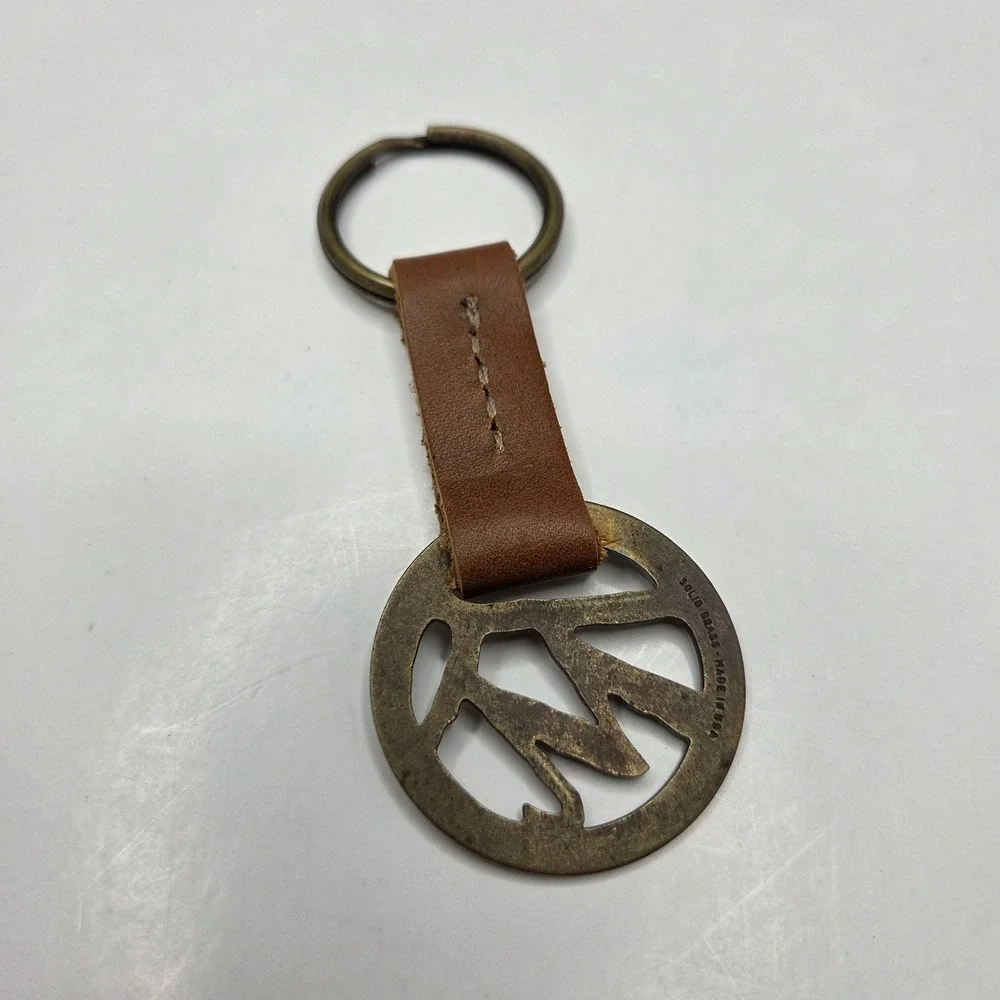 Unbranded Solid Brass Keychain Leather Strap Made in USA Brown W Logo VTG Style